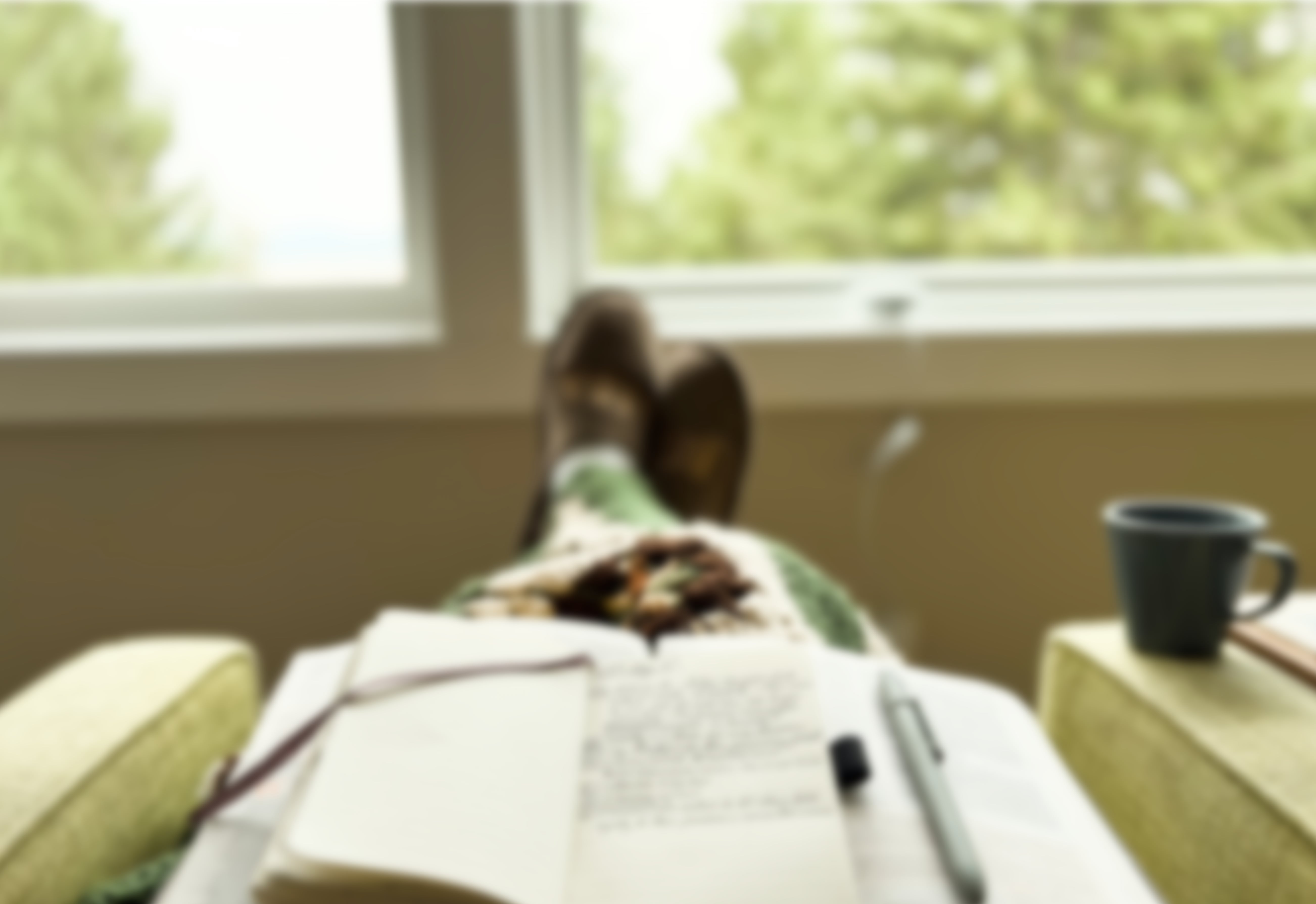 person relaxing with their journal to a nice calm view